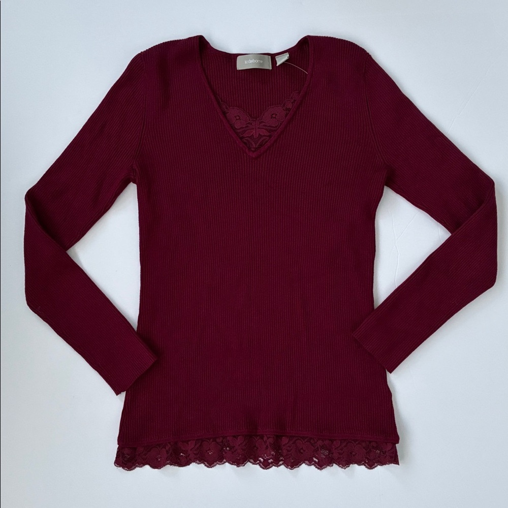 Liz Claiborne Women’s Burgundy Red Knit Top Lace Accents Medium